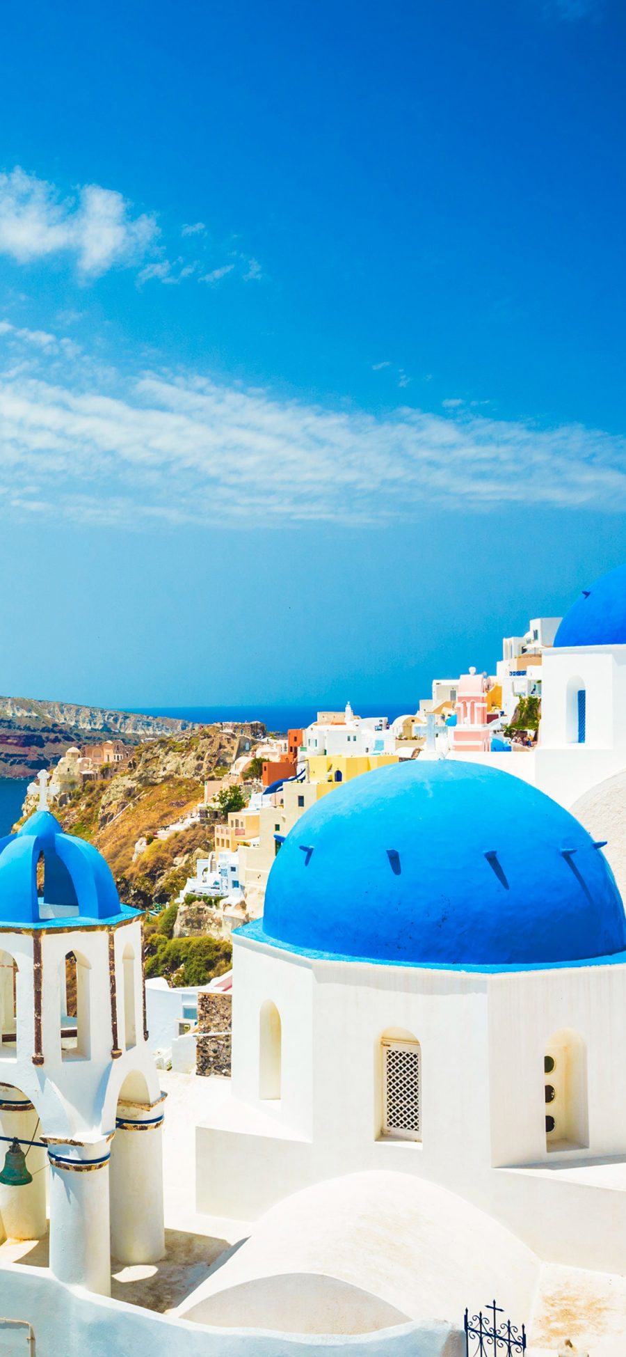 [2436×1125]圣托里尼岛 希腊 爱情海 蓝白 建筑 苹果手机壁纸图片