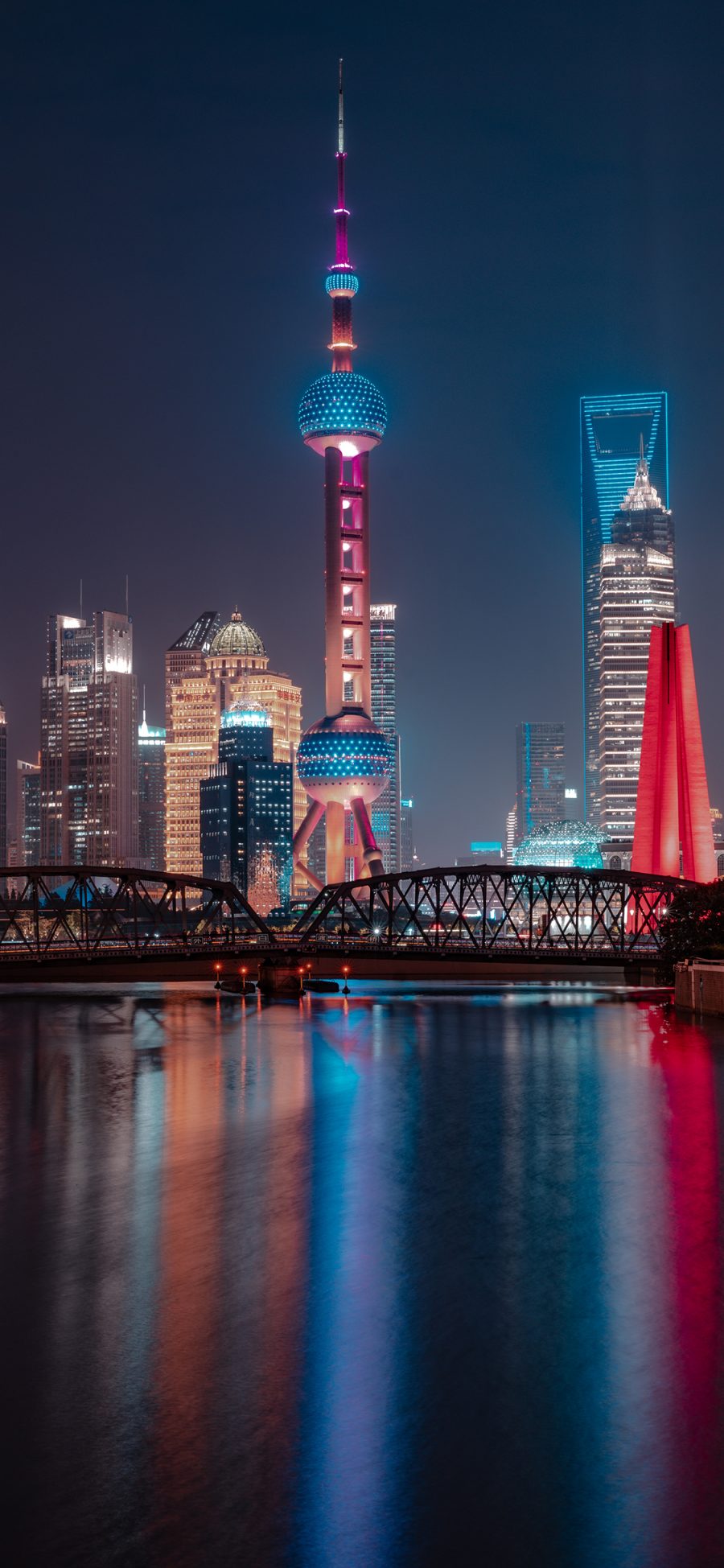 [2436×1125]城市 夜景 上海 地标 电视塔 苹果手机壁纸图片