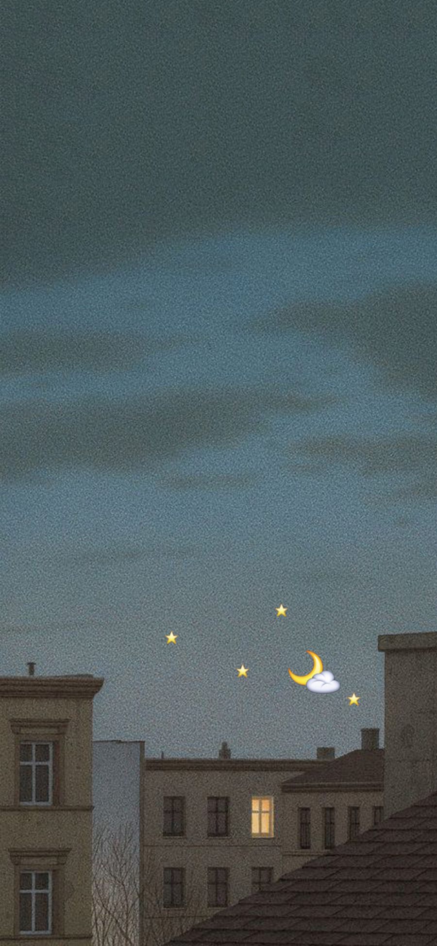[2436×1125]城市 夜景 卡通 星星 月亮 苹果手机壁纸图片