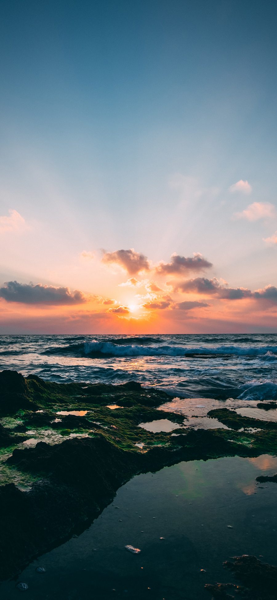 [2436×1125]夕阳 阳光 大海 海浪 苹果手机壁纸图片