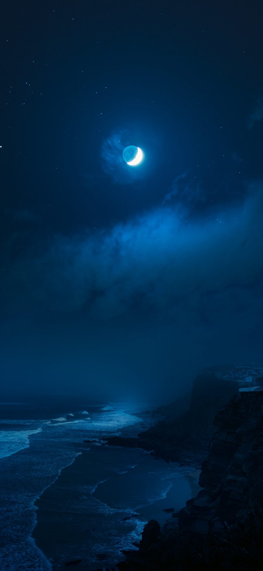[2436×1125]夜晚 大海 海浪 月球 月亮 苹果手机壁纸图片