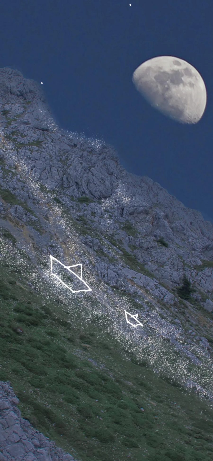 [2436×1125]夜景 山峰 星球 小白船 苹果手机壁纸图片