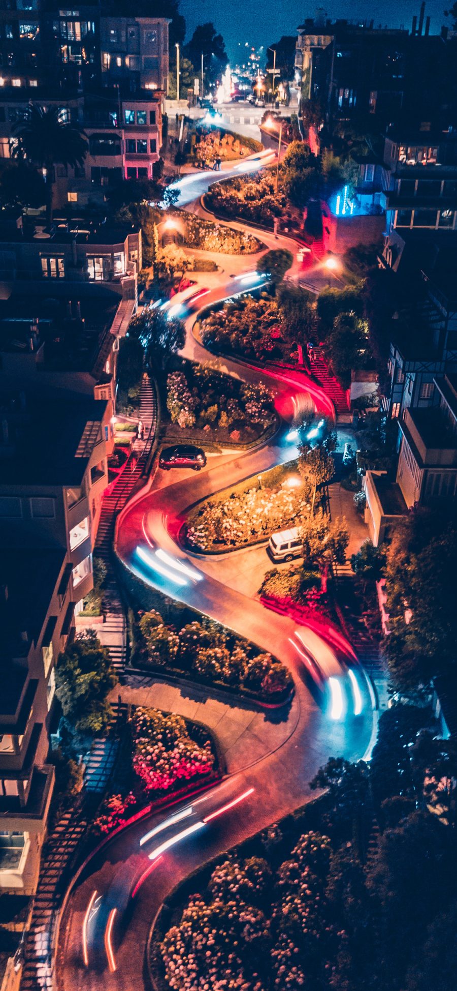 [2436×1125]夜景 街道 灯光 S型 弯道 苹果手机壁纸图片