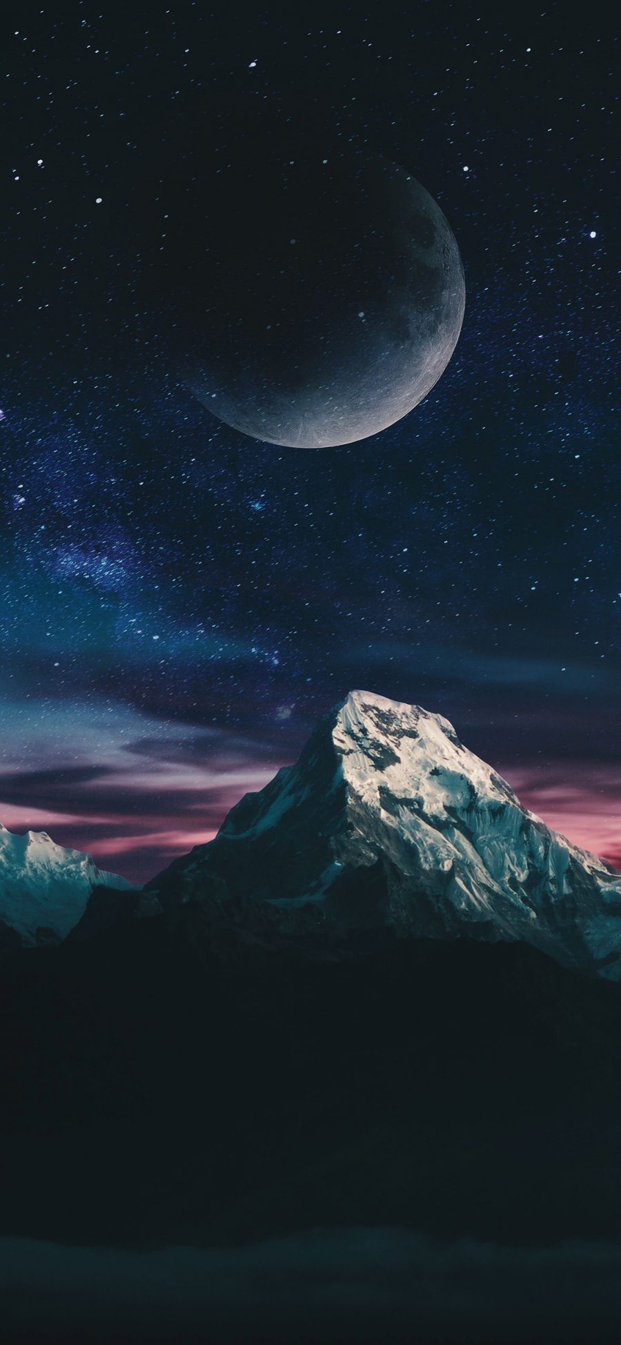 [2436×1125]夜空 月亮 星空 唯美 夜晚 雪山 苹果手机壁纸图片