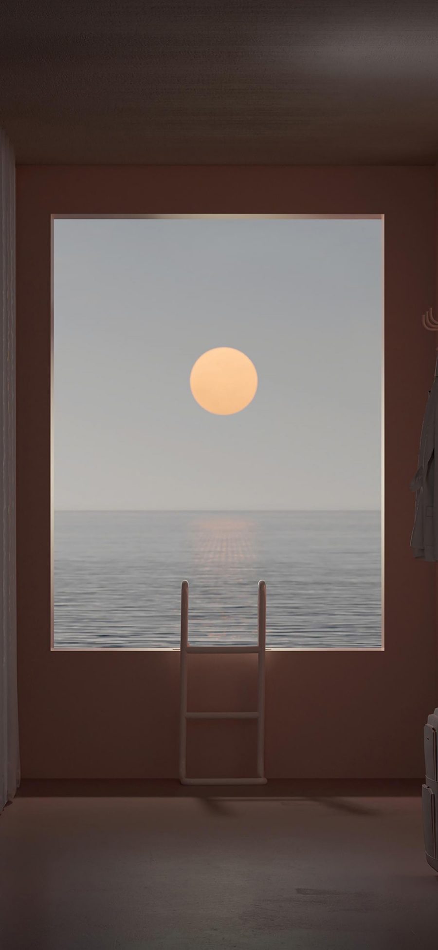 [2436×1125]大海 太阳 梯子 窗户 窗外 苹果手机壁纸图片
