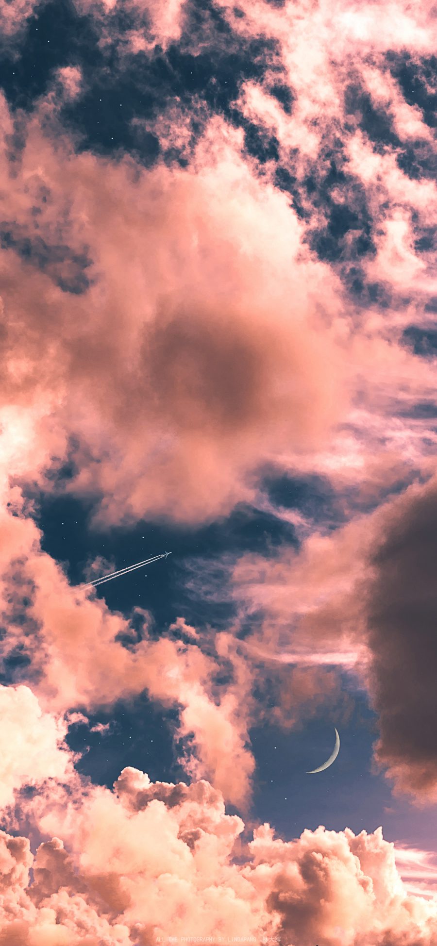 [2436×1125]天空 月亮 星空 云朵 飞机 苹果手机壁纸图片