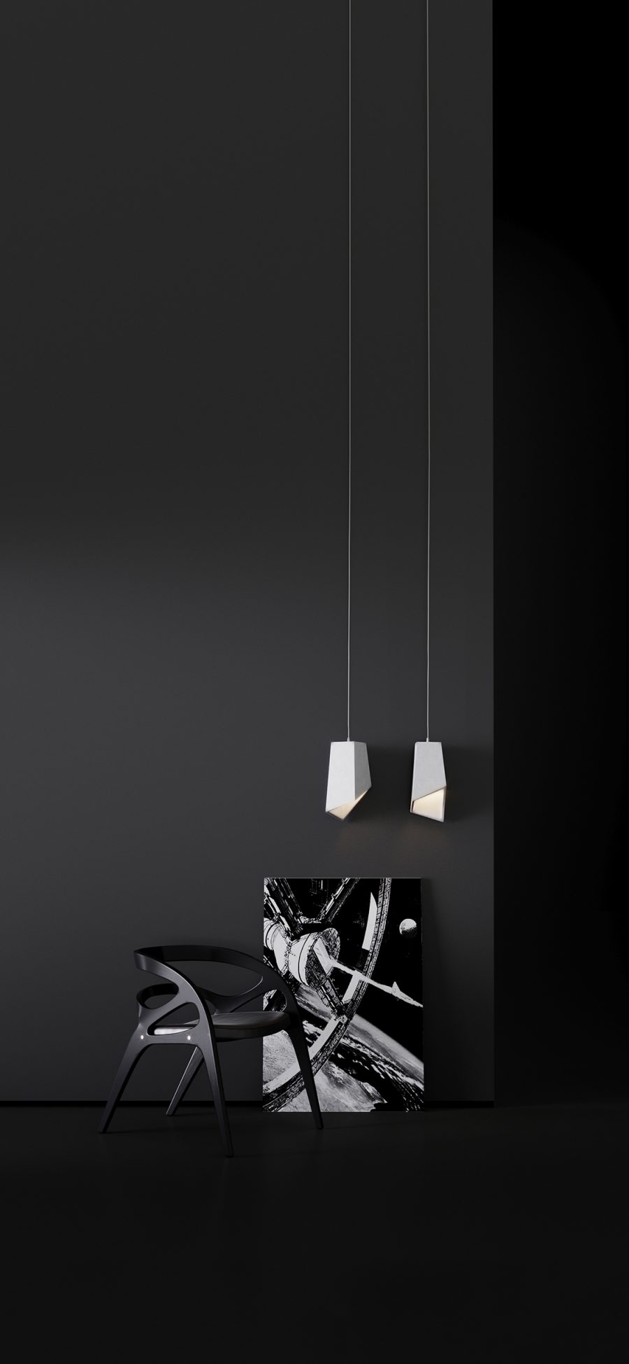 [2436×1125]家居 设计 吊灯 椅子 黑白简约 苹果手机壁纸图片