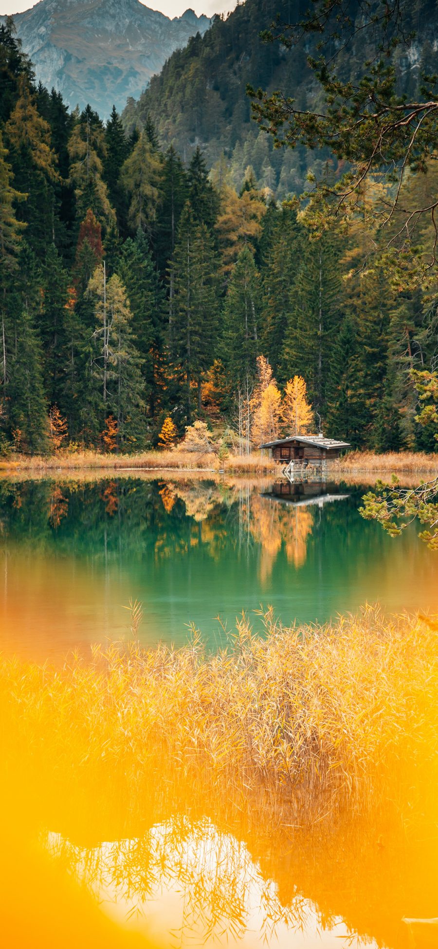 [2436×1125]山峰 湖泊 树木 山湖美景 苹果手机壁纸图片