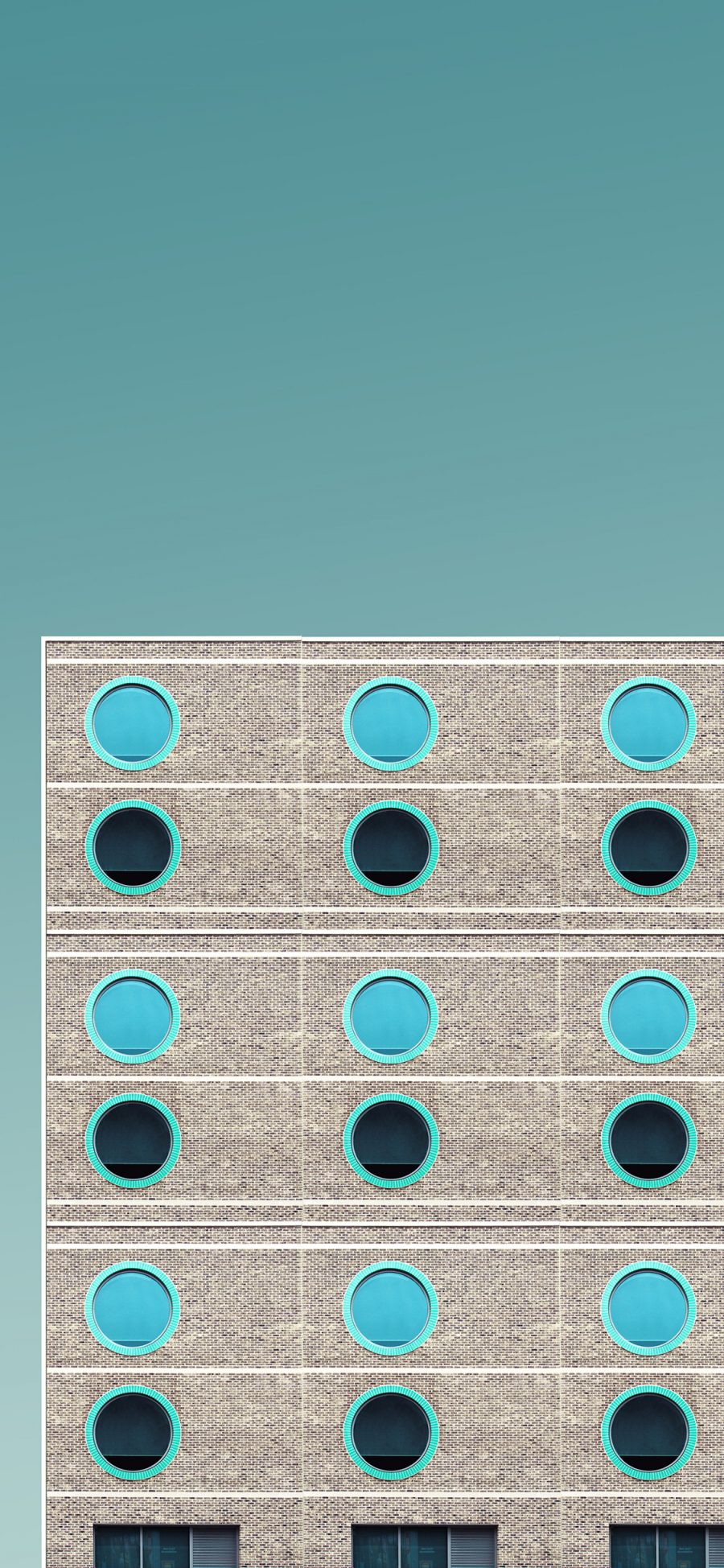 [2436×1125]建筑 圆窗 简约 灰 蓝 苹果手机壁纸图片
