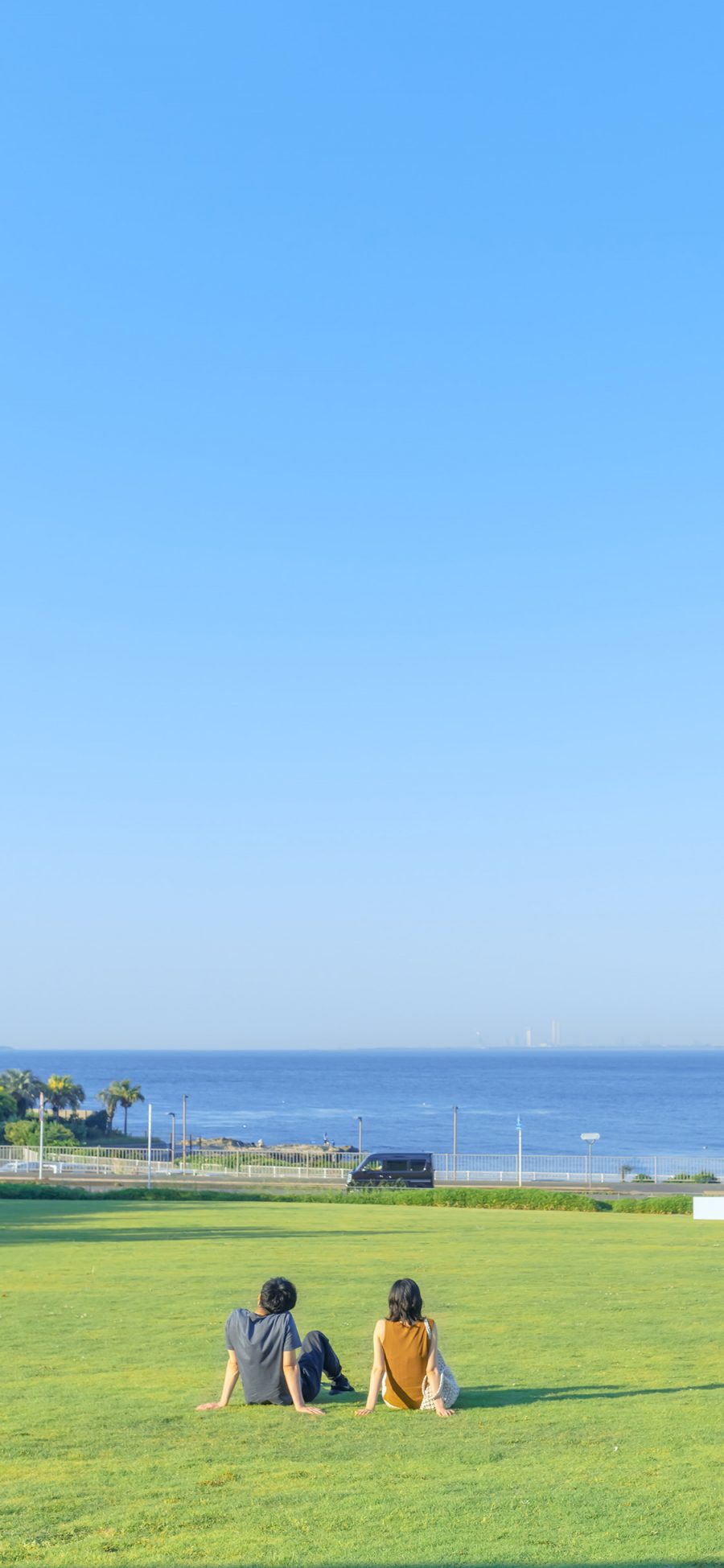 [2436×1125]摄影 草坪 大海 夏日 美景 苹果手机壁纸图片