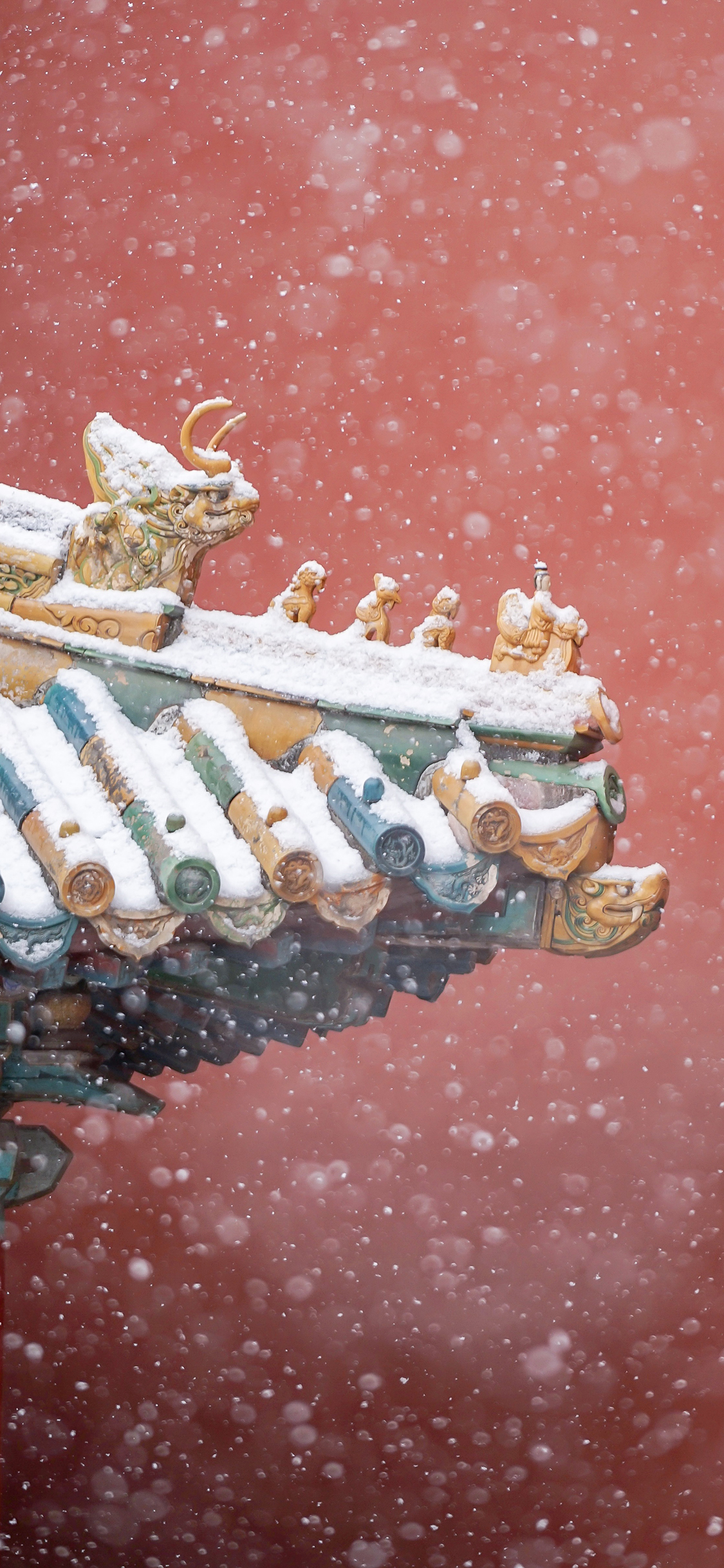 [2436×1125]故宫 下雪 冬季 屋檐 红色 建筑 苹果手机壁纸图片