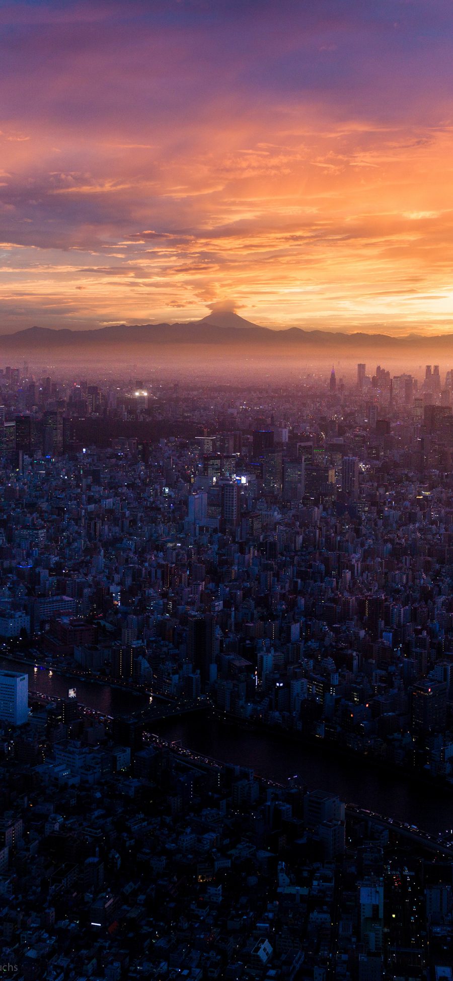 [2436×1125]日本 城市 建筑 密集 楼房 富士山 苹果手机壁纸图片