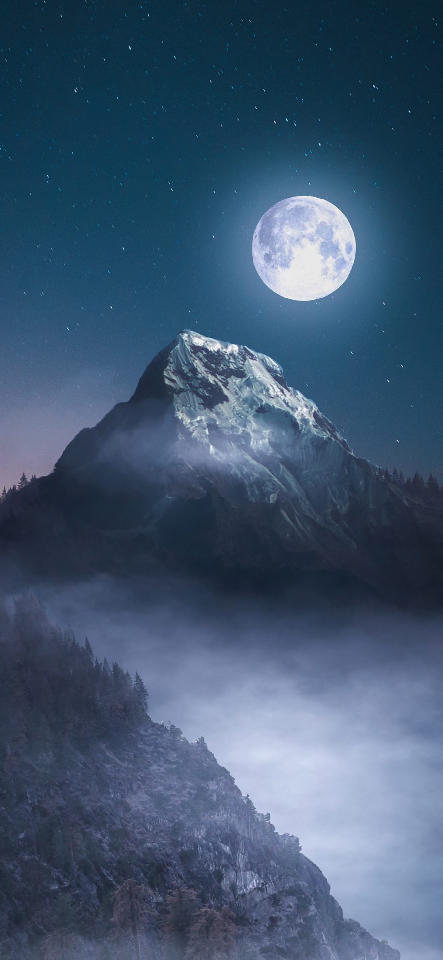 [2436×1125]月光 月圆 夜晚 星空 山峰 苹果手机壁纸图片