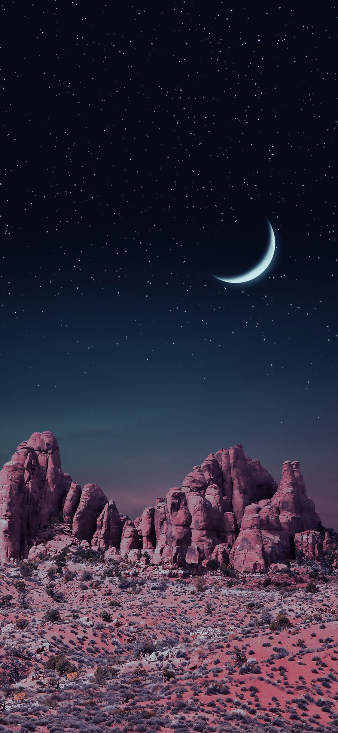 [2436×1125]月夜 月亮 月牙 夜晚 荒漠 苹果手机壁纸图片