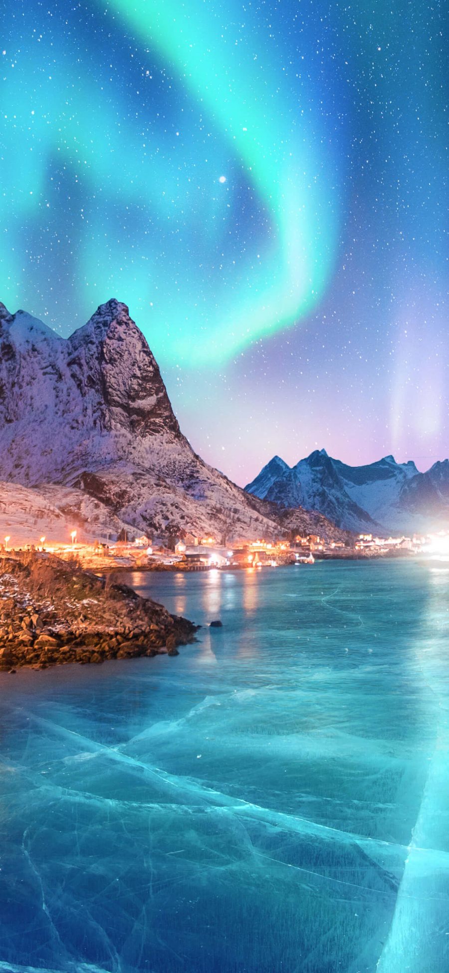 [2436×1125]极光 景色 冰面 夜晚 璀璨 苹果手机壁纸图片