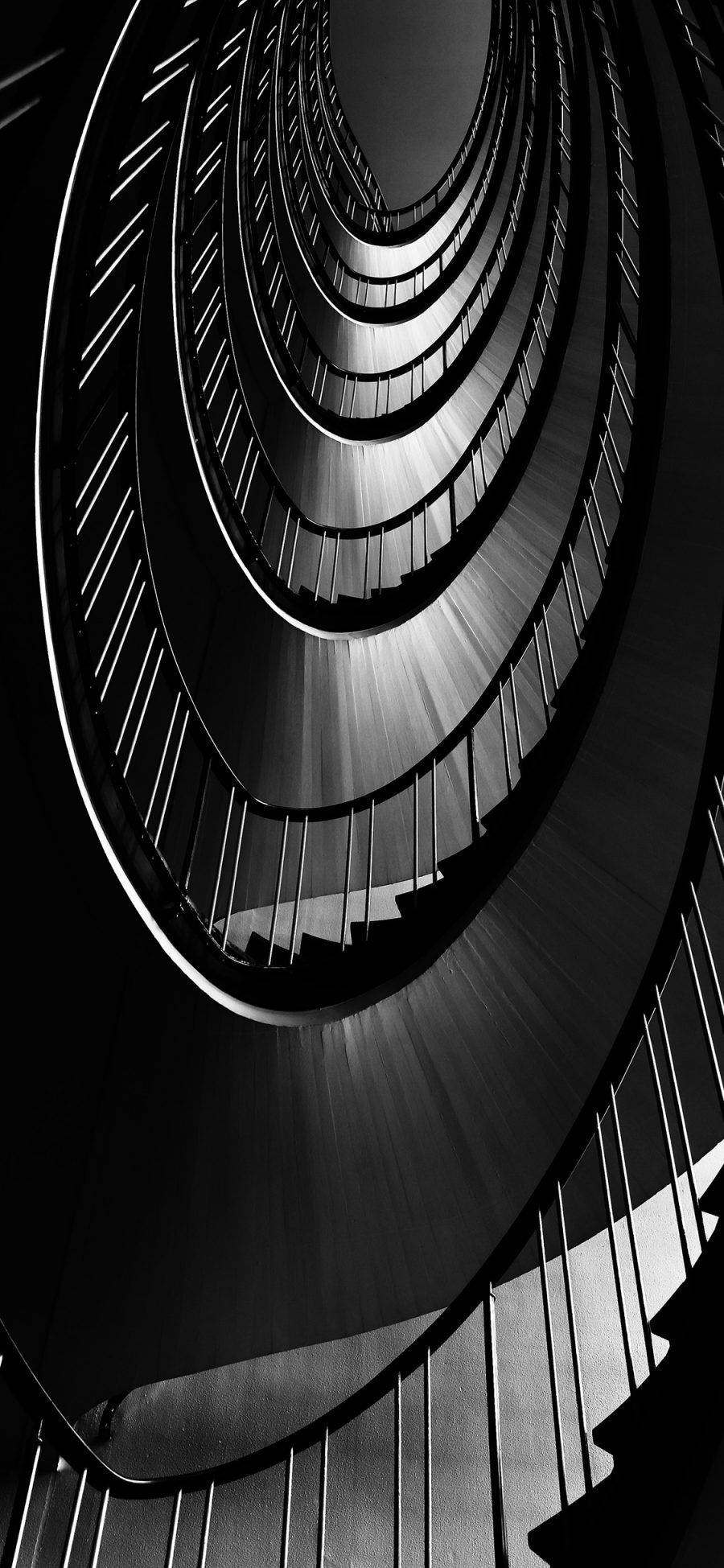 [2436×1125]楼梯 建筑 黑白 圆形 旋转 苹果手机壁纸图片