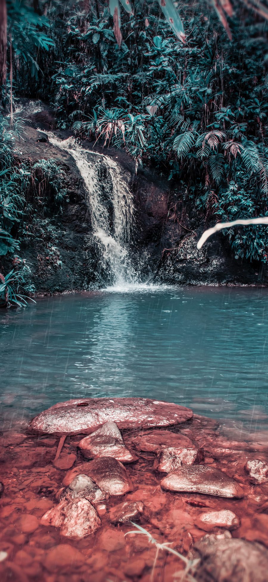 [2436×1125]池塘 瀑布 石块 树林 苹果手机壁纸图片