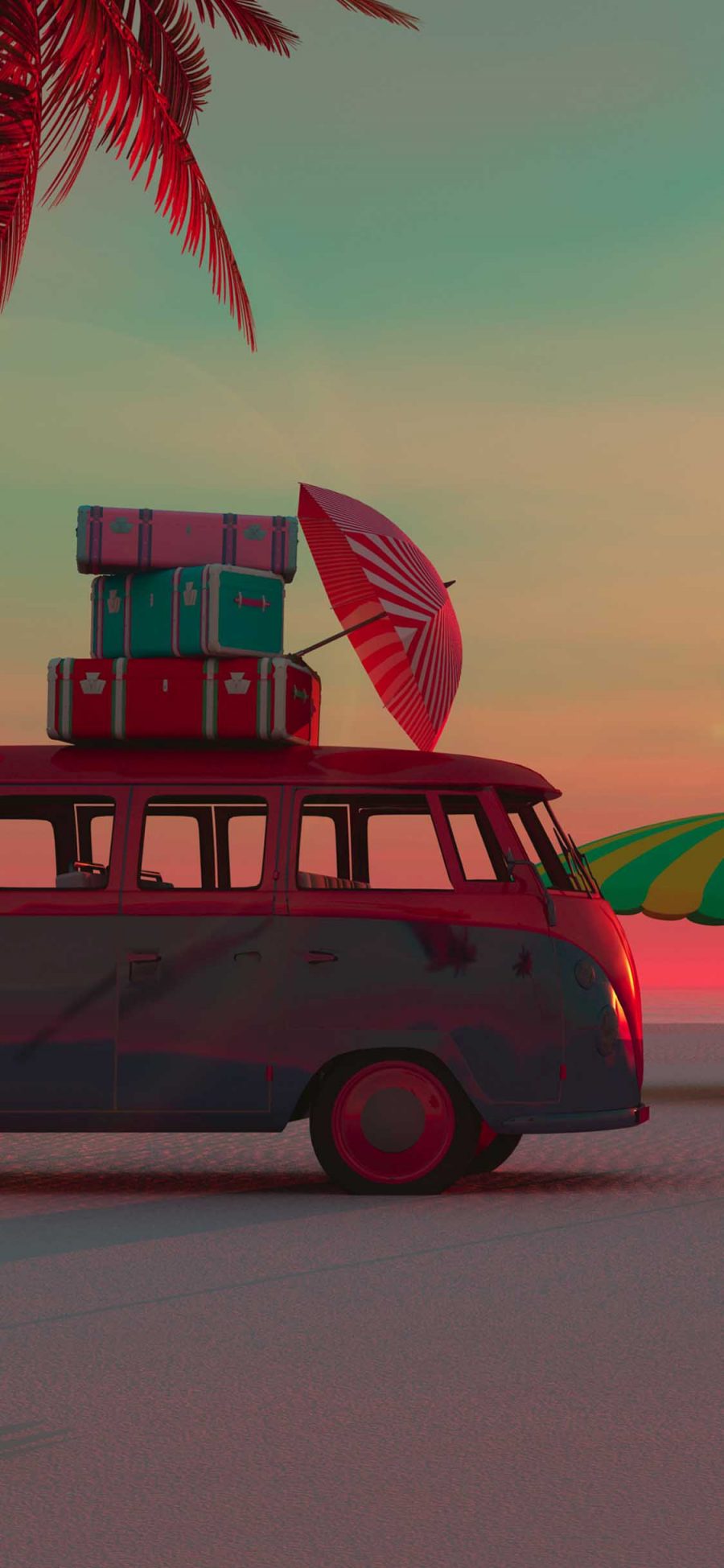 [2436×1125]沙滩 巴士 面包车 行李箱 海边 雨伞 苹果手机壁纸图片