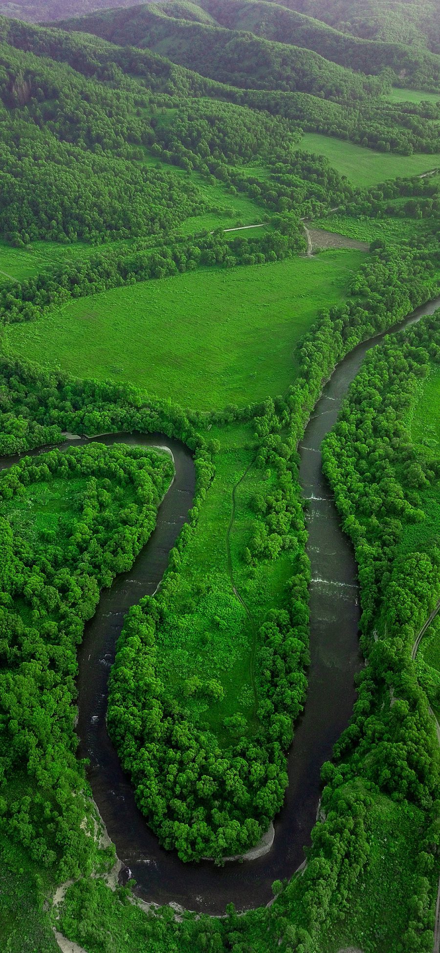 [2436×1125]河流 草原 绿色 大自然 平原 苹果手机壁纸图片
