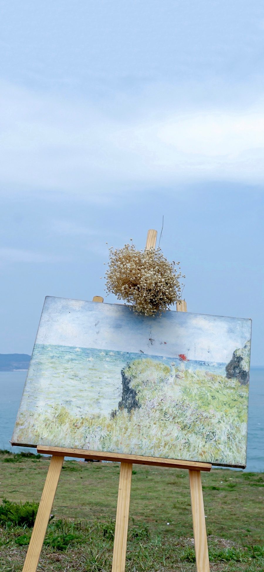 [2436×1125]油画 满天星 干花 画板 画架 海边 绘画 苹果手机壁纸图片
