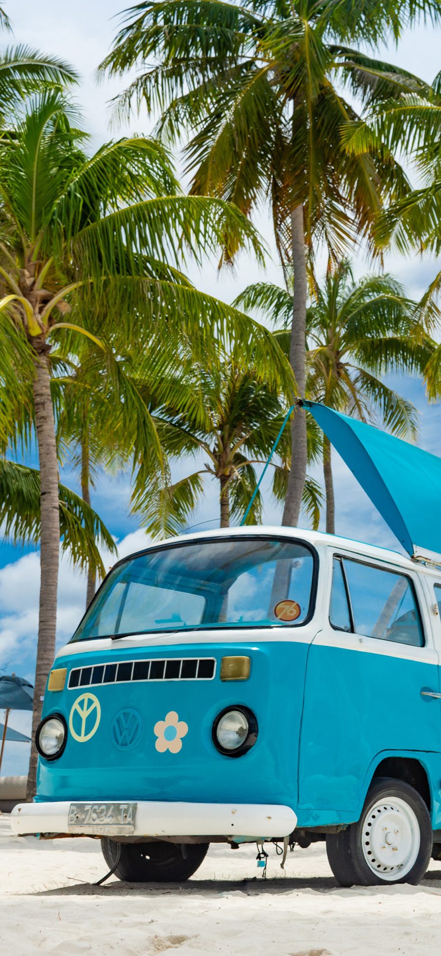 [2436×1125]海滩 椰树 小巴士 蓝天白云 美景 苹果手机壁纸图片