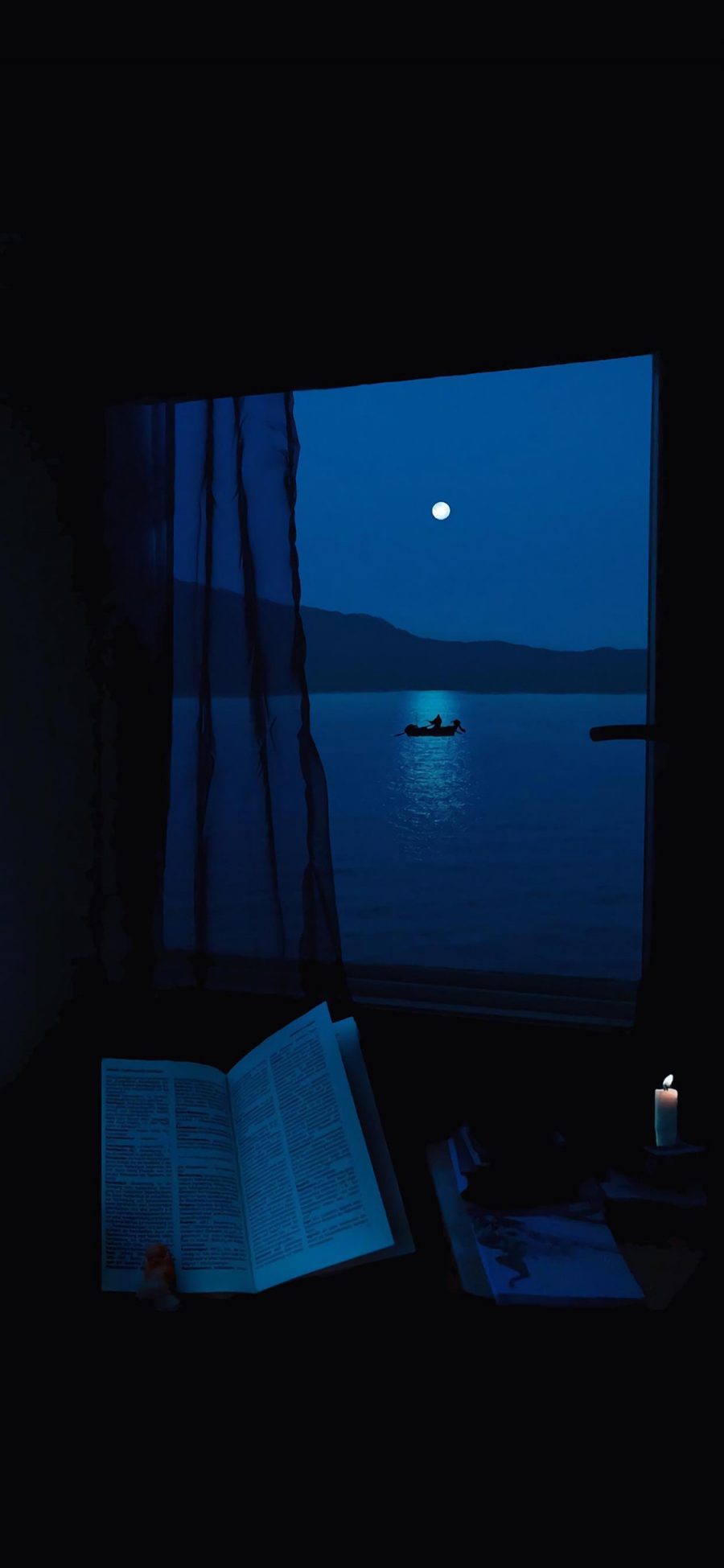 [2436×1125]窗户 夜景 湖泊 静谧 苹果手机壁纸图片