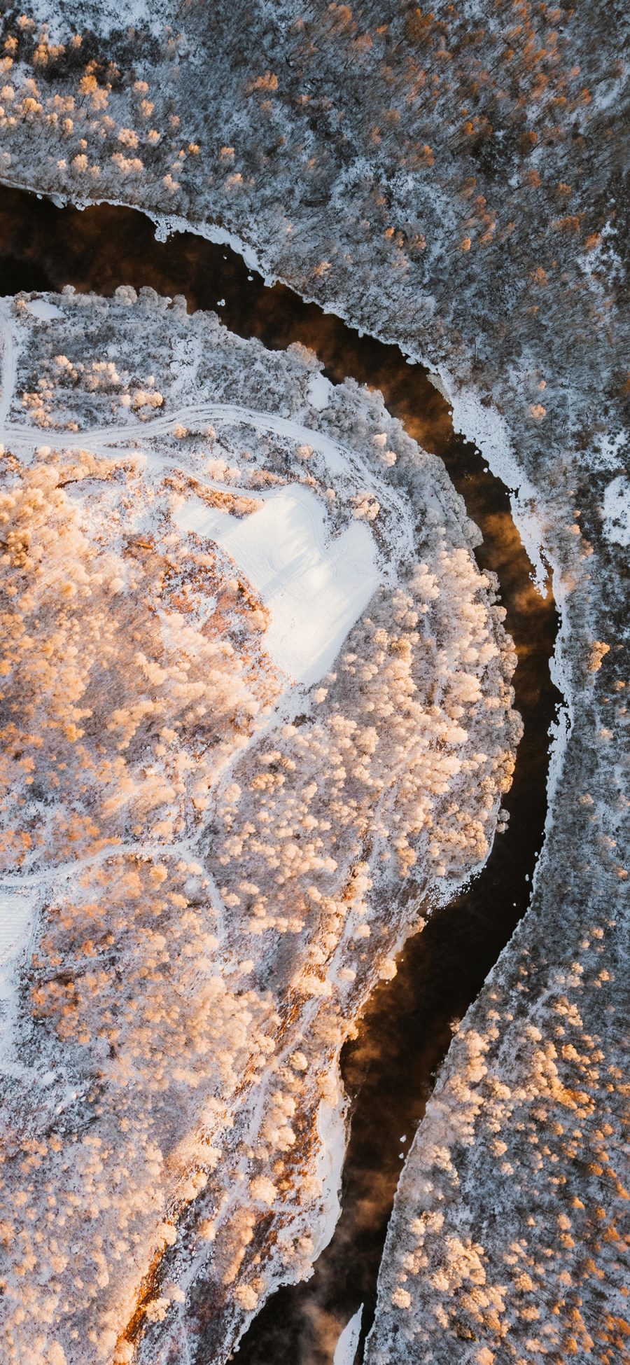 [2436×1125]航拍 自然 美景 河流 白雪覆盖 植被 苹果手机壁纸图片