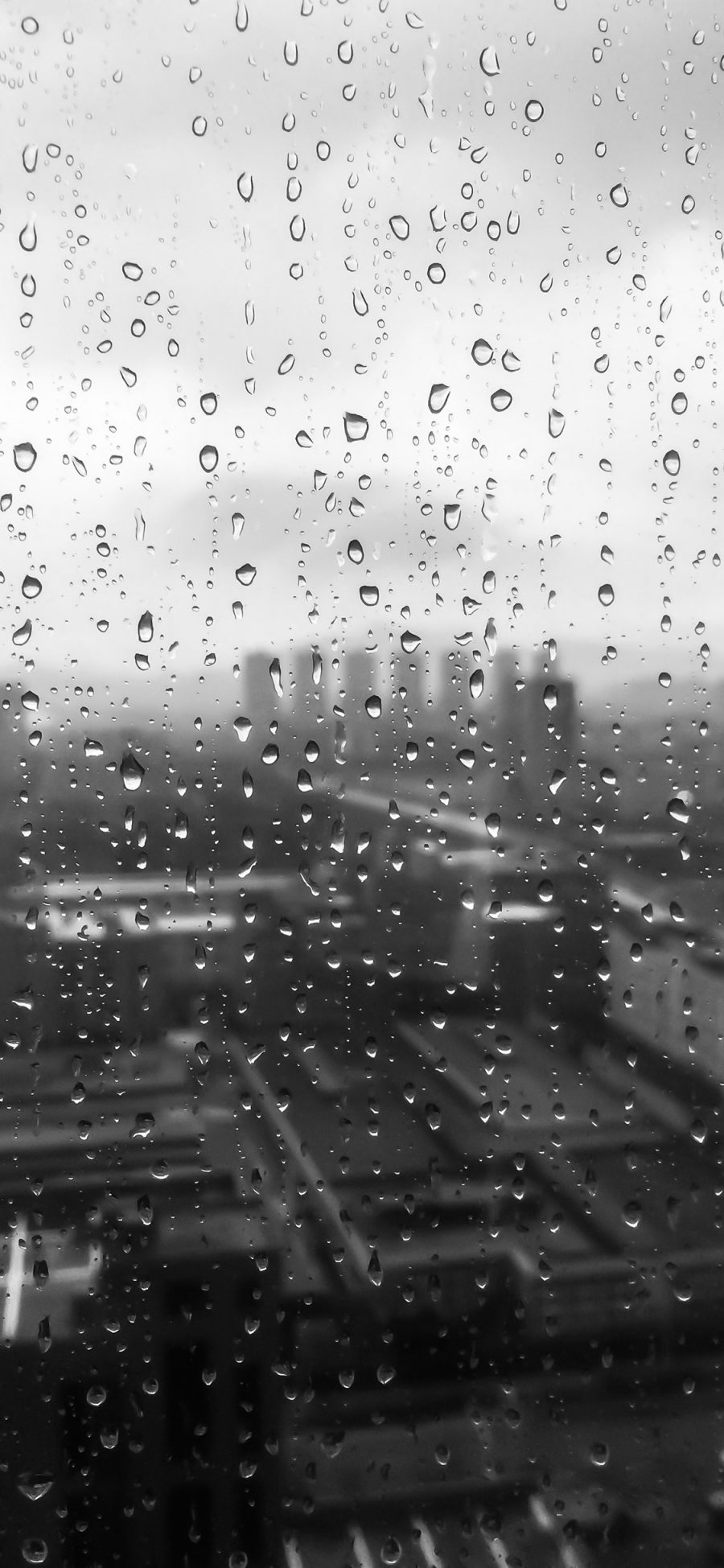 [2436×1125]雨 水珠 玻璃 窗外 城市 黑白 苹果手机壁纸图片