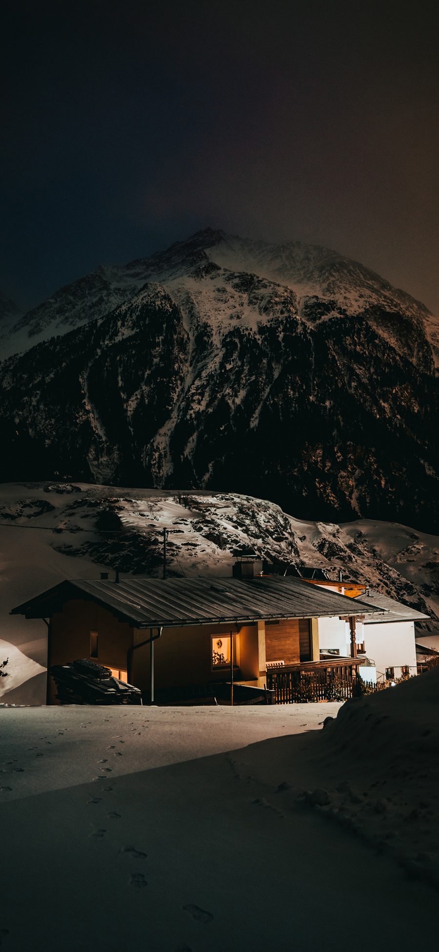 [2436×1125]雪地 冬季 木屋 雪景 夜景 苹果手机壁纸图片