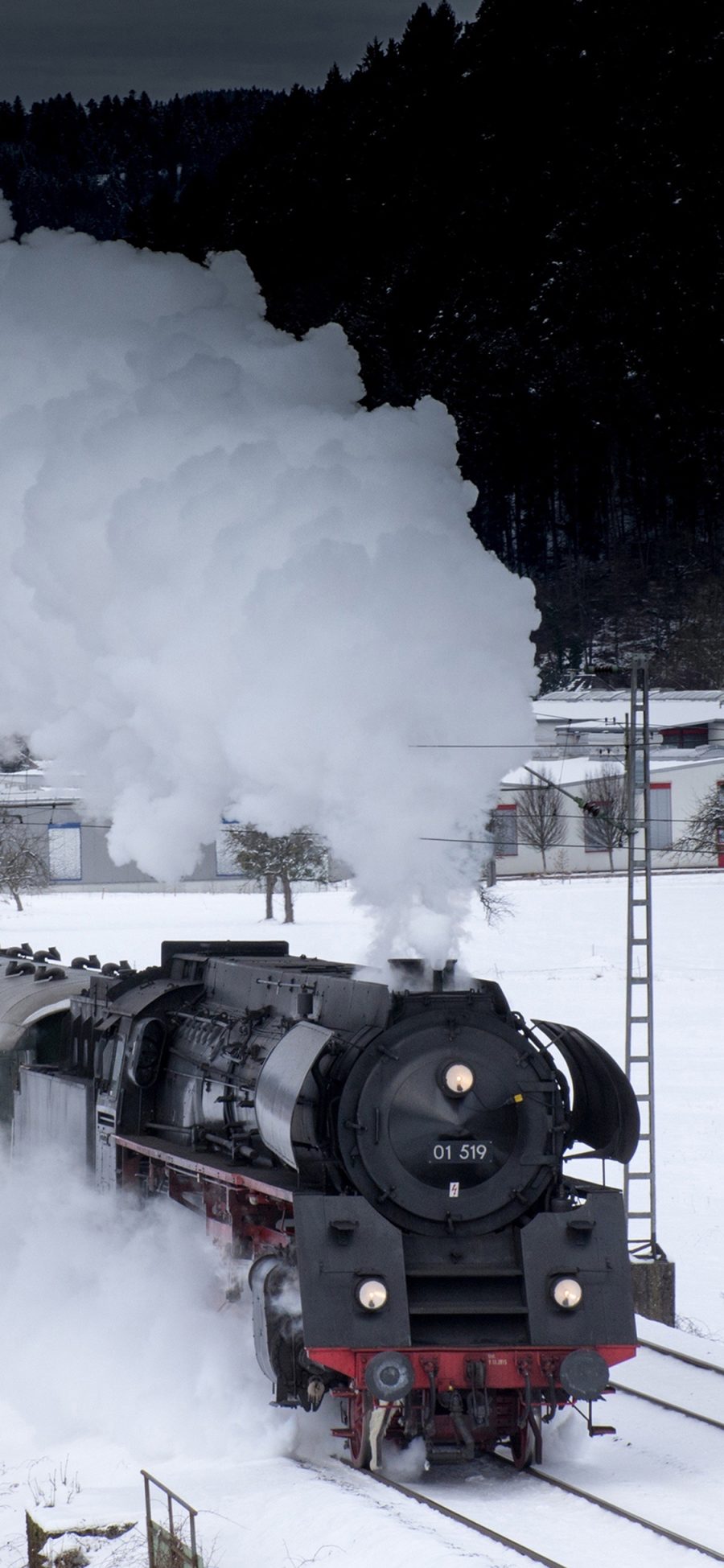 [2436×1125]雪地里火车 烟雾 雪景 黑色 苹果手机壁纸图片