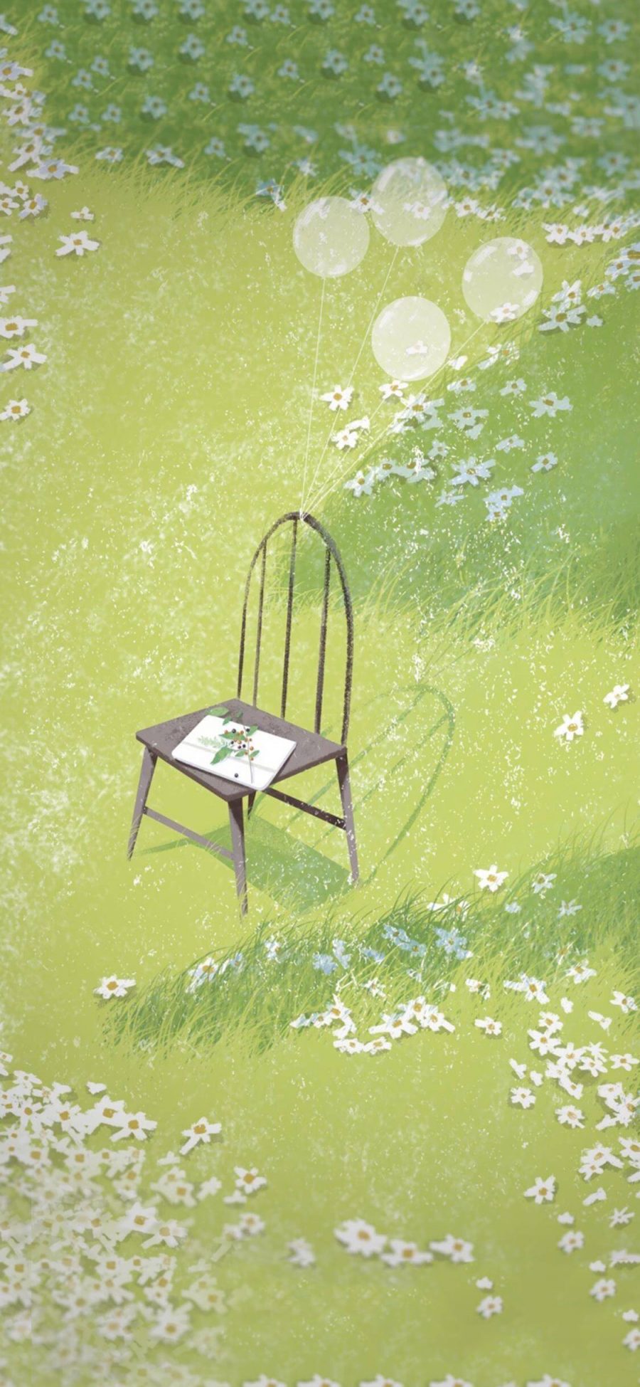 [2436×1125]风景 插图 草地 椅子 气球 绿色 苹果手机壁纸图片
