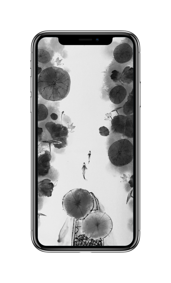 中国风 黑白 水墨画 荷花 船 鱼 全面屏 4k 手机桌面壁纸