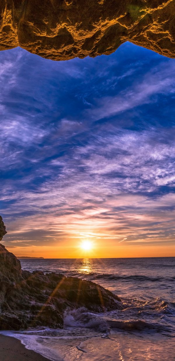 海边 礁石 夕阳 大海风景壁纸（2960x1440）