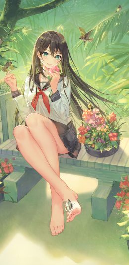 可爱女生 学生装 蝴蝶 鲜花 鸟儿 5k手机壁纸竖屏