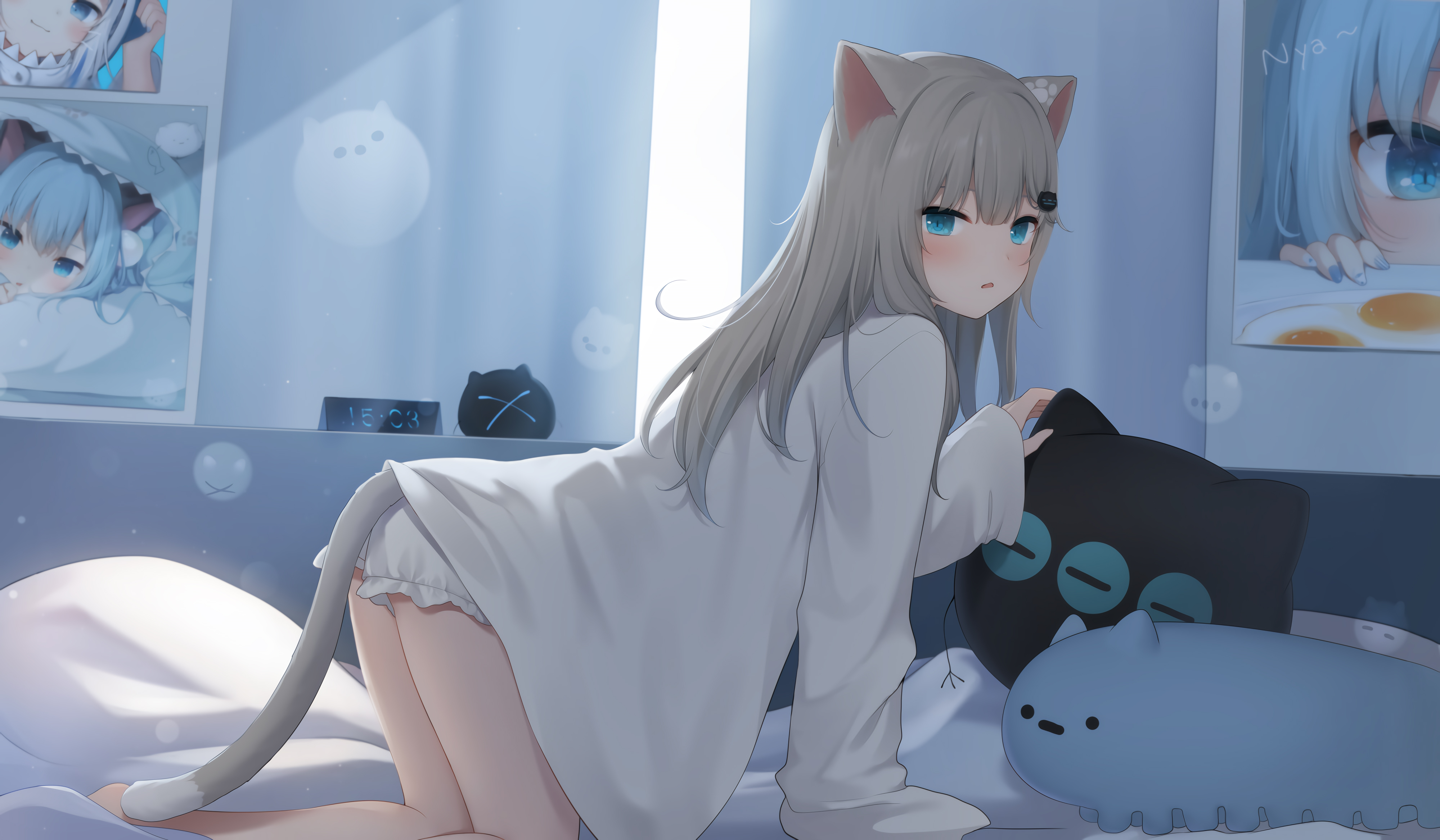 蓝色眼睛女子 尾巴 女孩子 猫耳 猫 可爱二次元动漫4k壁纸