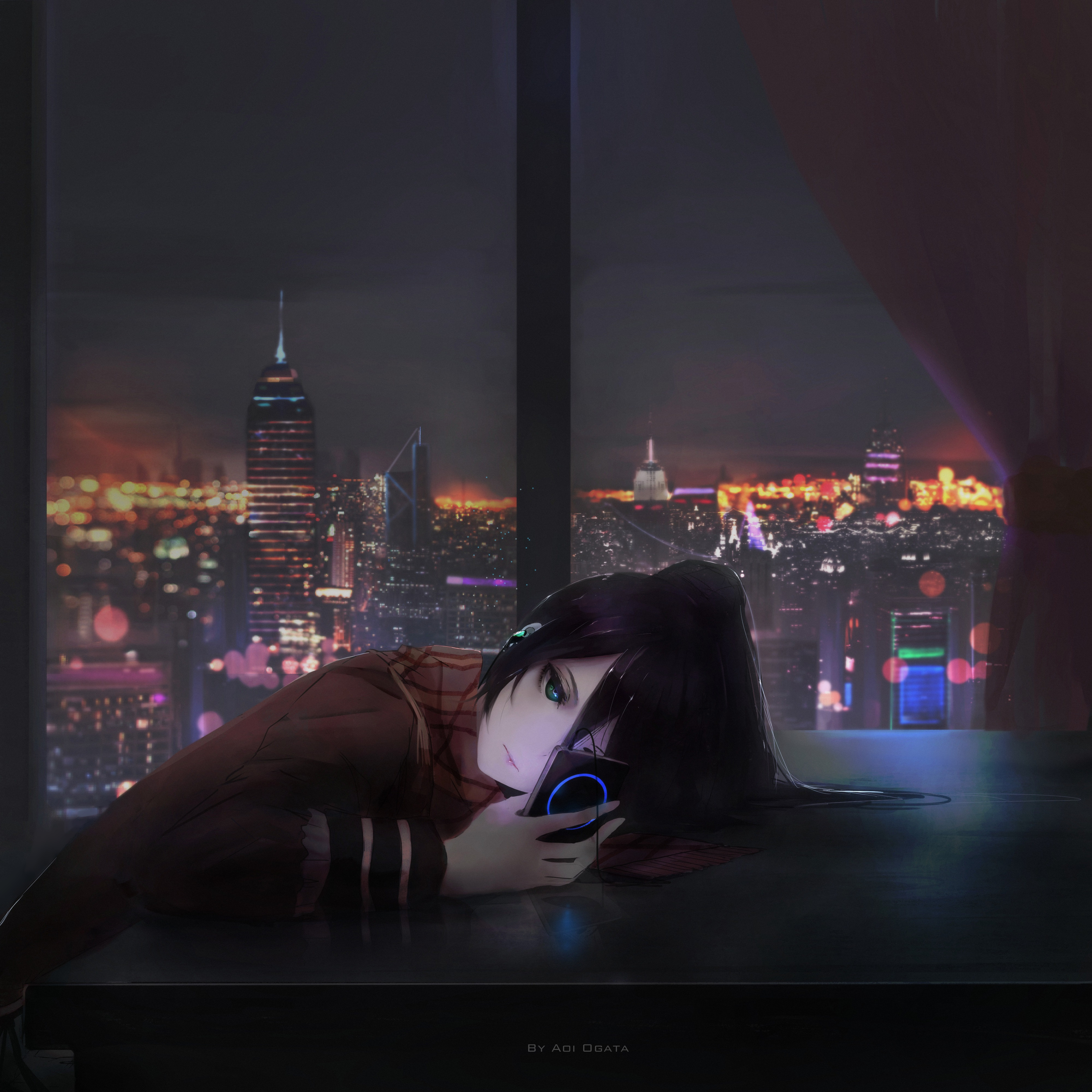 都市景观 动漫美女 趴在桌子上听音乐 4k动漫壁纸